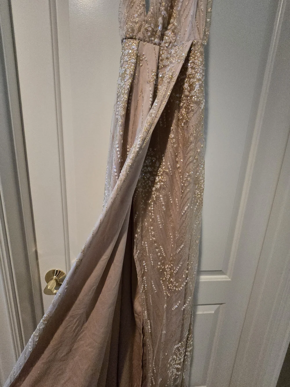 ThatsSoFetch Gold Sequin Halter Prom Dress with Deep V